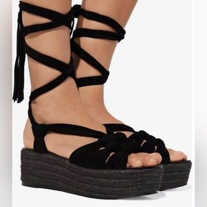 Sigerson Morrison Cosie Knotted Fringed Black Suede Platform Sandal